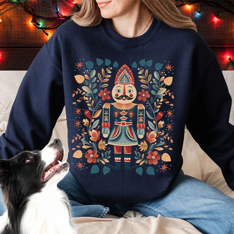 swirl-ramie sweatshirts twist -sweatshirts with mesh overlay -Nordic Christmas Nutcracker Folk Art Sweatshirt