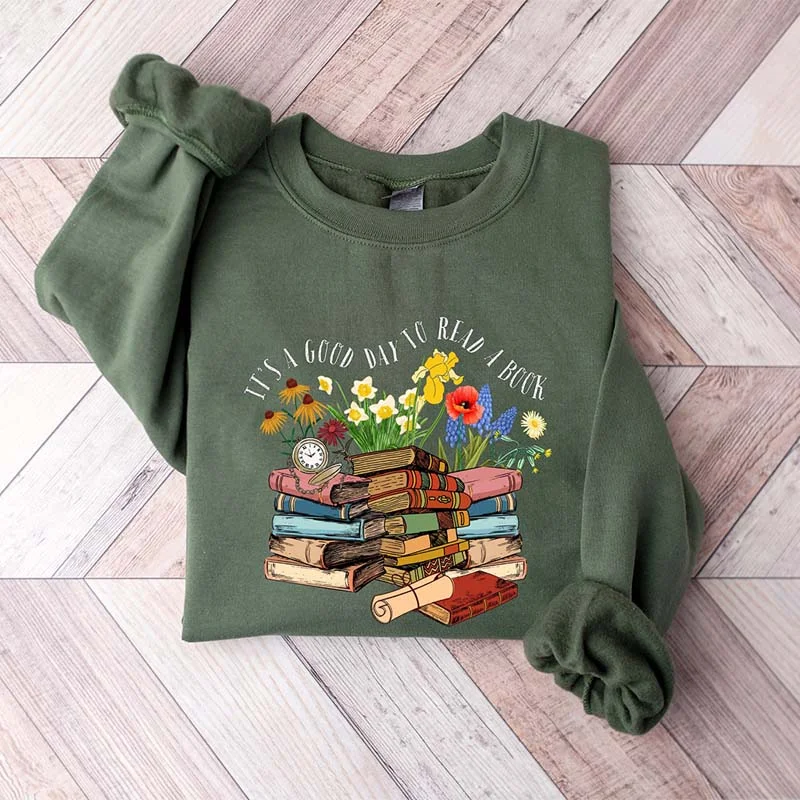 ramie-wool sweatshirts natural -Its A Good Day To Read A Book Bookworm Sweatshirt