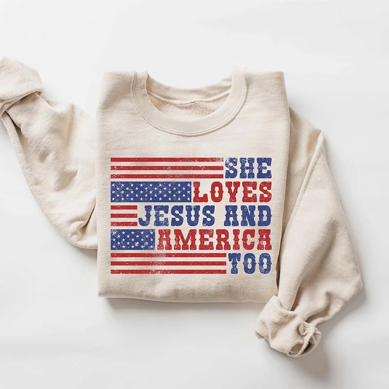 sweatshirts women glacier grey -Retro USA She Loves Jesus And America Too Sweatshirt