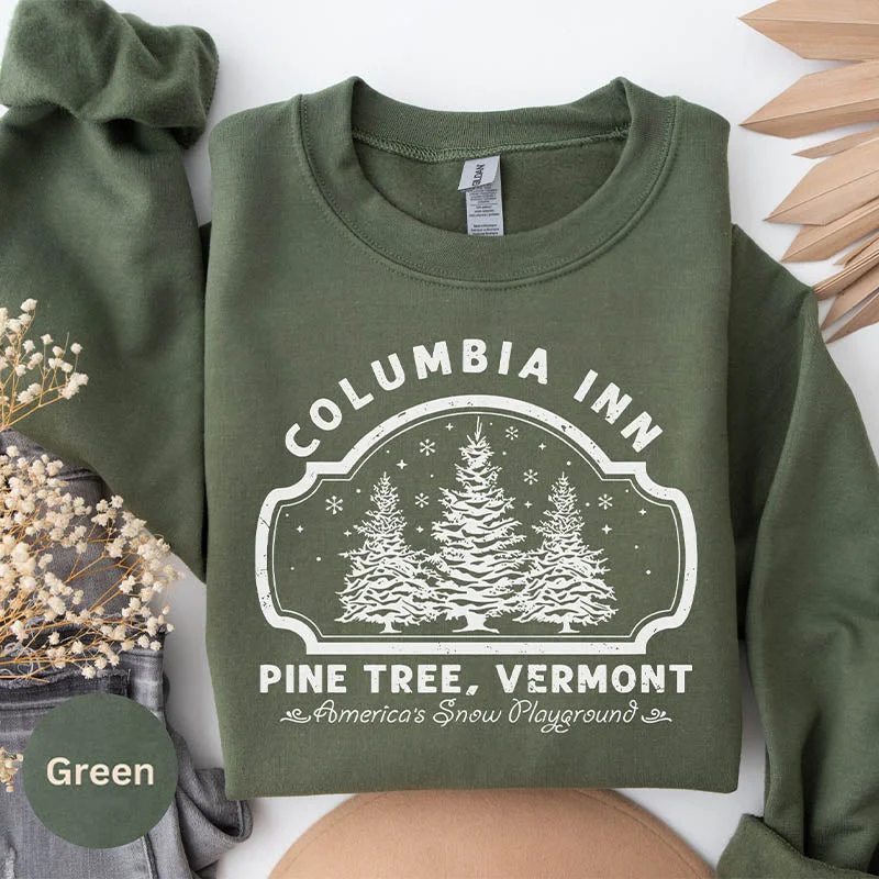 sweatshirts with ruched hem -Columbia Inn Pine Tree Vermont Christmas Sweatshirt