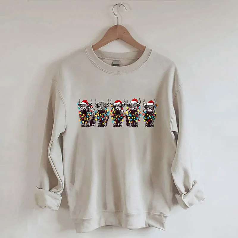 sweatshirts women soft marigold -Christmas Cows Lights Sweatshirt