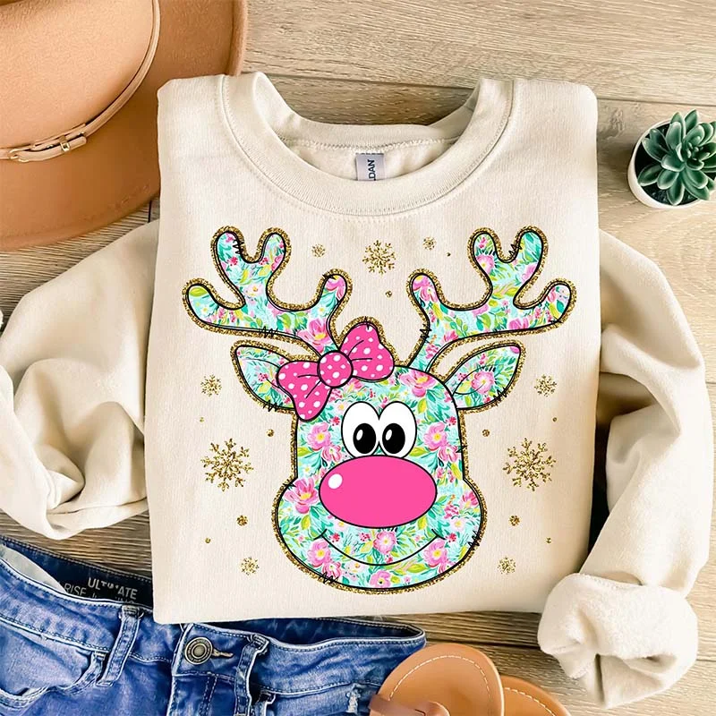 tweed-knit sweatshirts classic -Glitter Coquette Floral Christmas Reindeer Sweatshirt