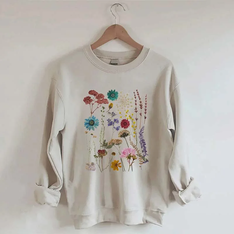 swirl sweatshirts artistic twist -Vintage Colorful Pressed Pressed Flowers Sweatshirt