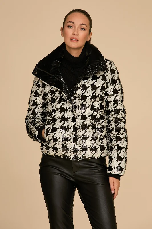 jacket women soft citron -Sequin Puffer Jacket - Houndstooth