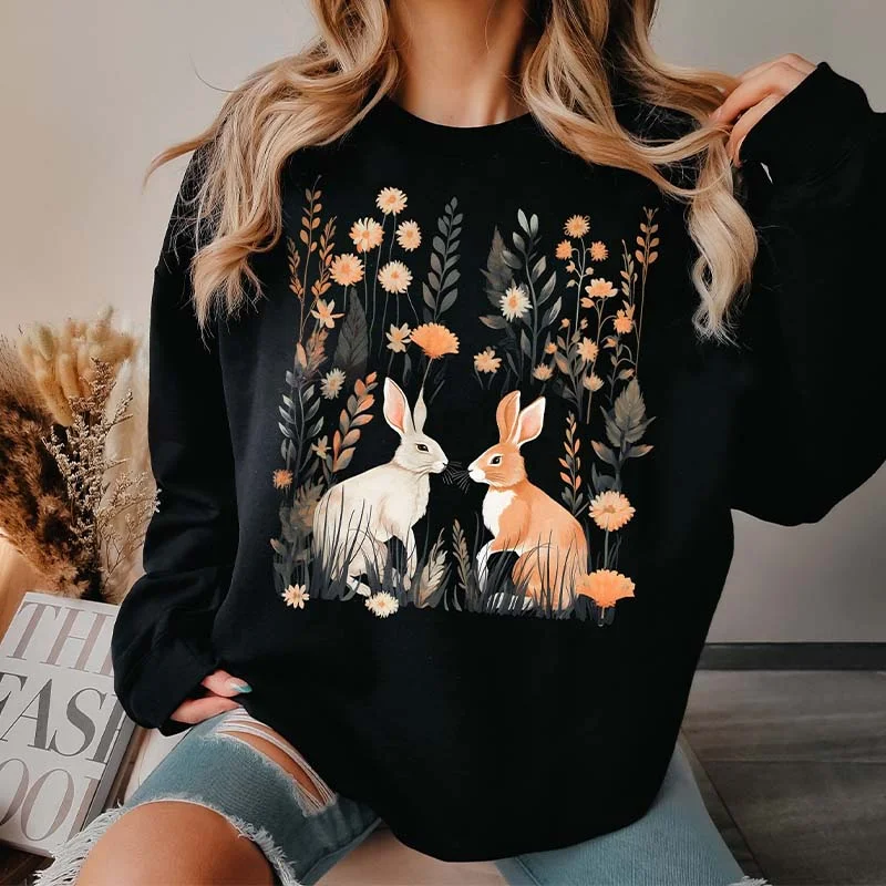 sweatshirts with bead hem -Cozy Fall Cottagecore Rabbit Sweatshirt