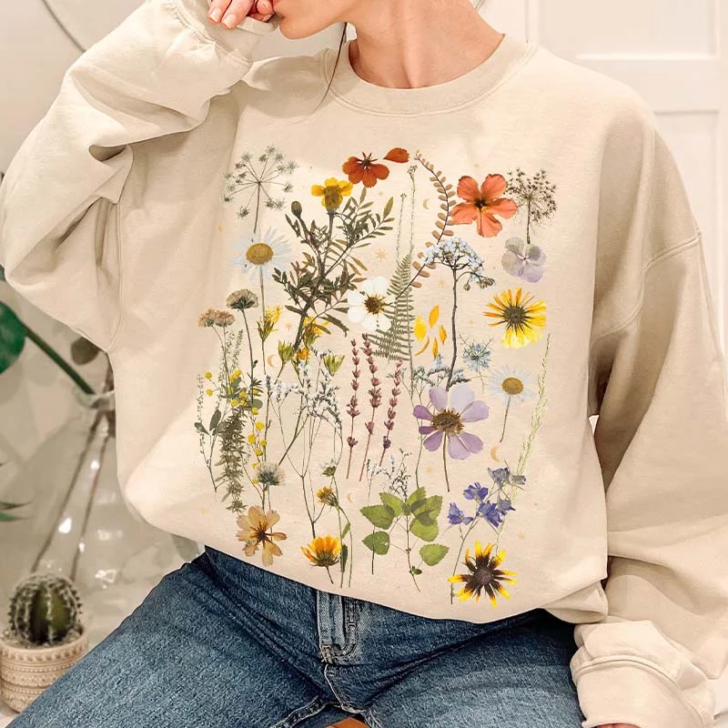 sweatshirts women peacock teal -Autumn Botanical Pressed Flowers Sweatshirt