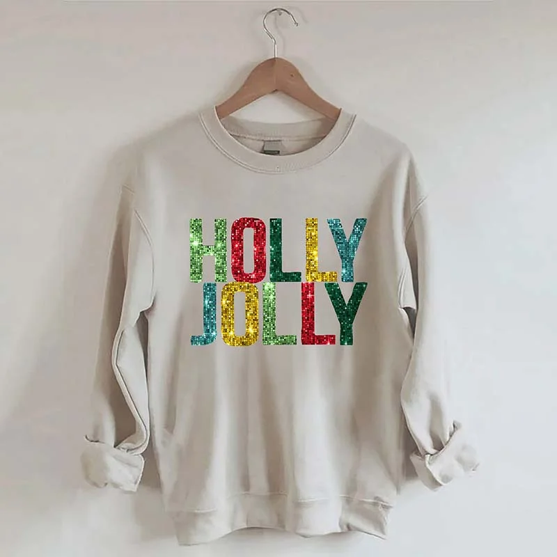 sweatshirts with feather trim -Printed Holly Jolly Sweatshirt