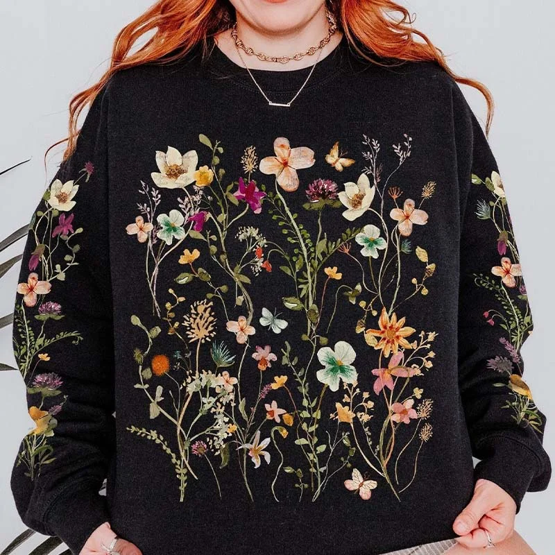 sweatshirts with bead hem -Vintage Pressed Flowers Boho Cottagecore Sweatshirt