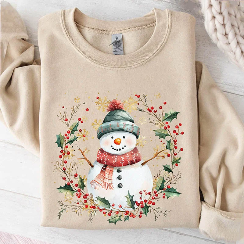 suede-jute sweatshirts luxe -Snowman Wreath Christmas Botanical Sweatshirt