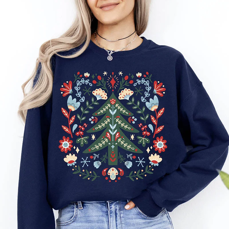 long sweatshirts cozy wrap -Classic Floral Christmas Tree Folk Art Sweatshirt