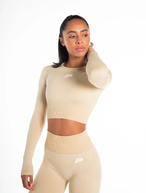 team faded t-shirts -ADAPT Seamless Long Sleeve Crop Top - Marl Beige