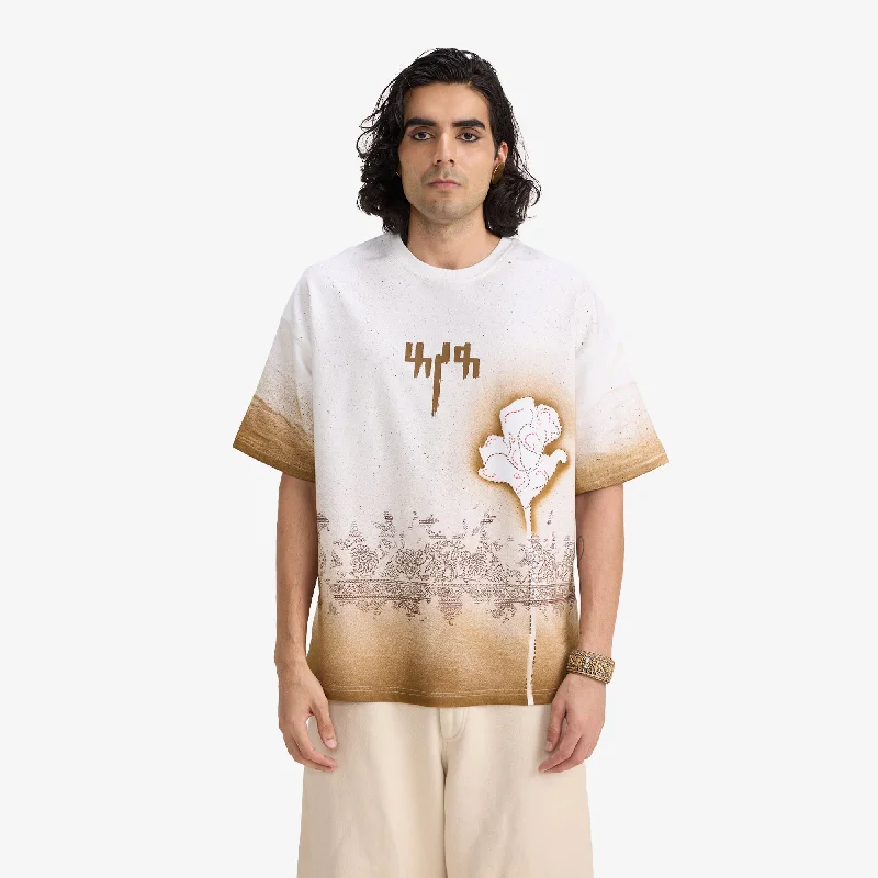 ochre faded t-shirts -F A R A K | BURNING FLOWER HANDMADE T-SHIRT { WHITE/WHITE