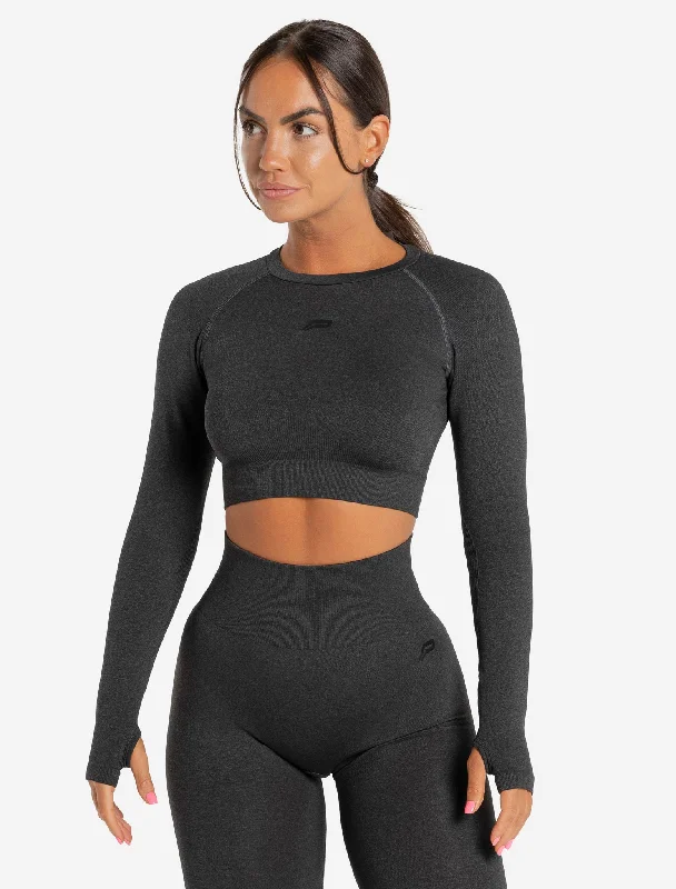 lavender dusk t-shirts -Core Seamless Long Sleeve Crop Top - Black Marl