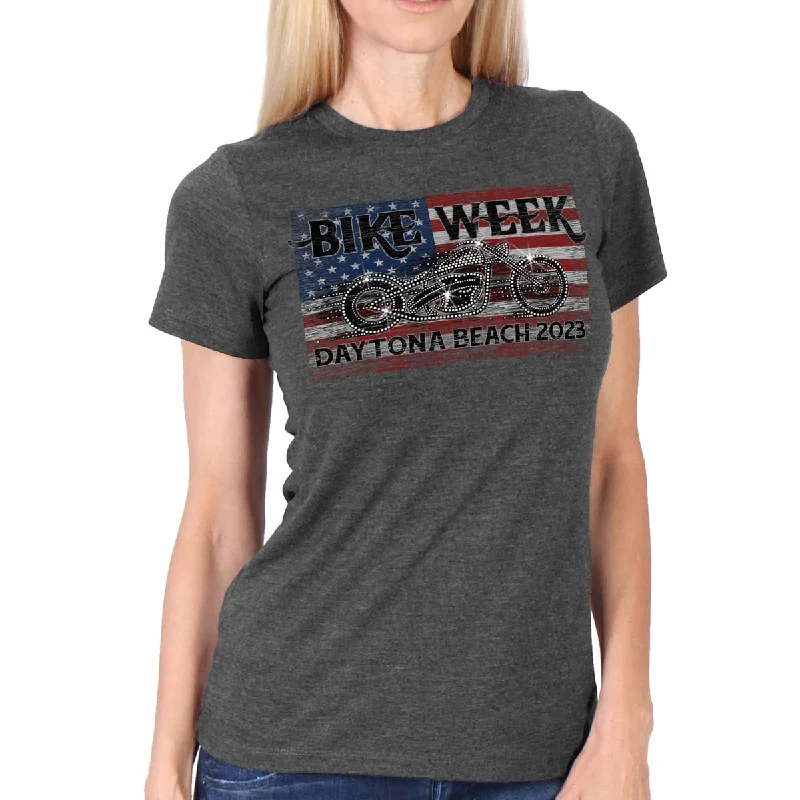 kiwi clean t-shirts -Hot Leathers EDL1063 Women's 2023 Daytona Bike Week Bling Bike Grey T-Shirt