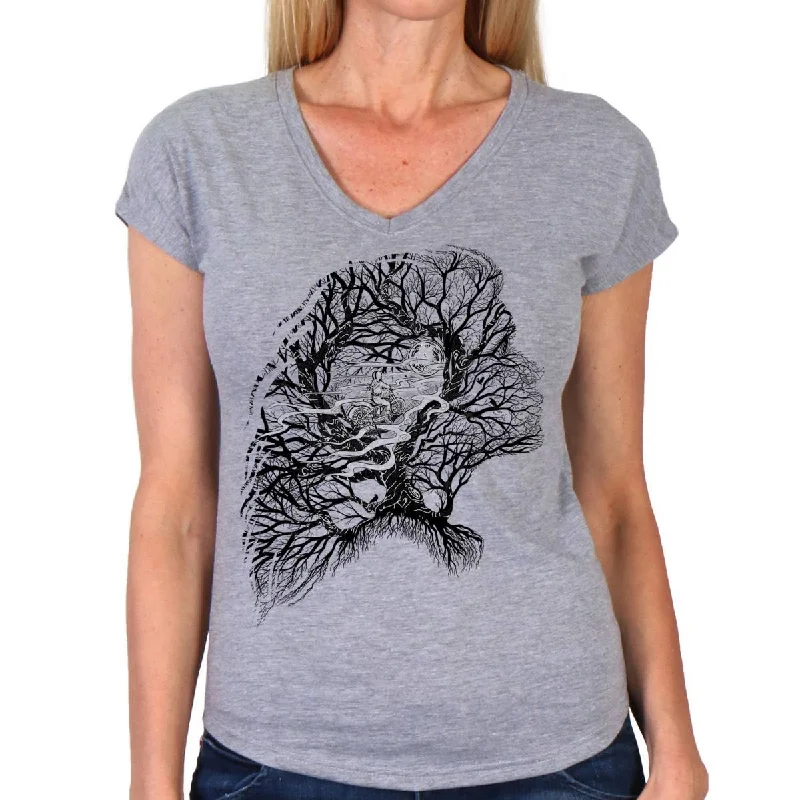 maternity faded t-shirts -Hot Leathers GLC1591 Ladies Heather Gray Riding Tree Silhouette V Neck T-Shirt