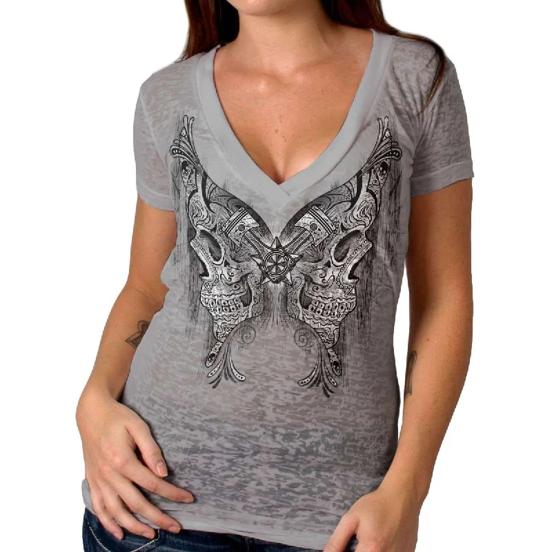 chili soft t-shirts -Hot Leathers Ladies Burnout Cotton Butterfly Skulls V-Neck T-Shirt GLC1538