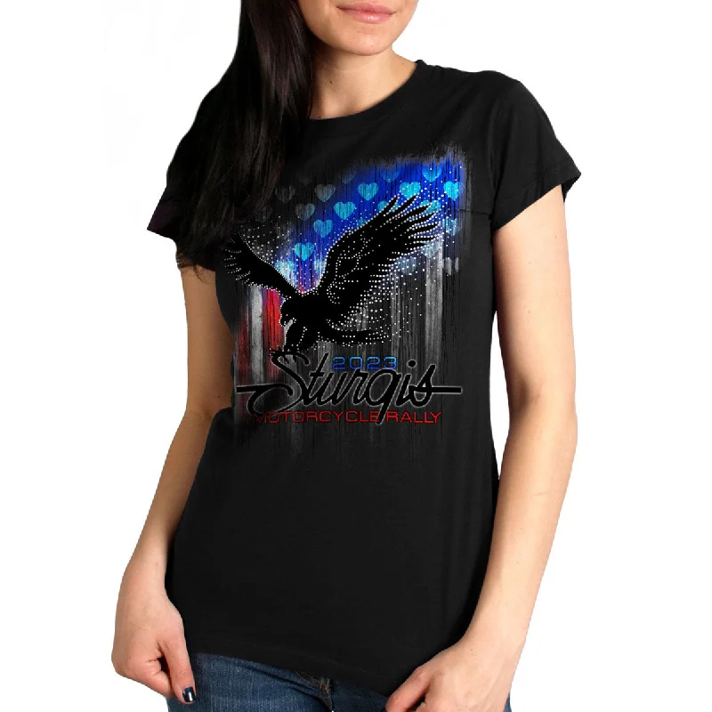 blush chill t-shirts -Hot Leathers SPL1835 Women's Black 2023 Sturgis Bling Eagle T-Shirt