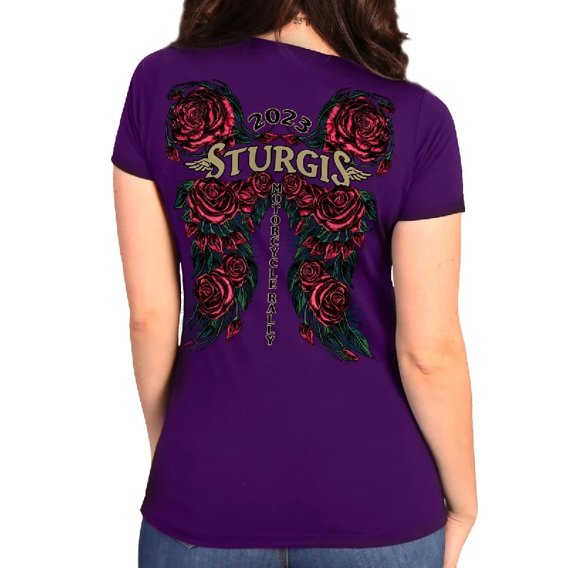 sepia chill t-shirts -Hot Leathers SPL1849 Women's Purple 2023 Sturgis Rose Wings Short Sleeve T-Shirt