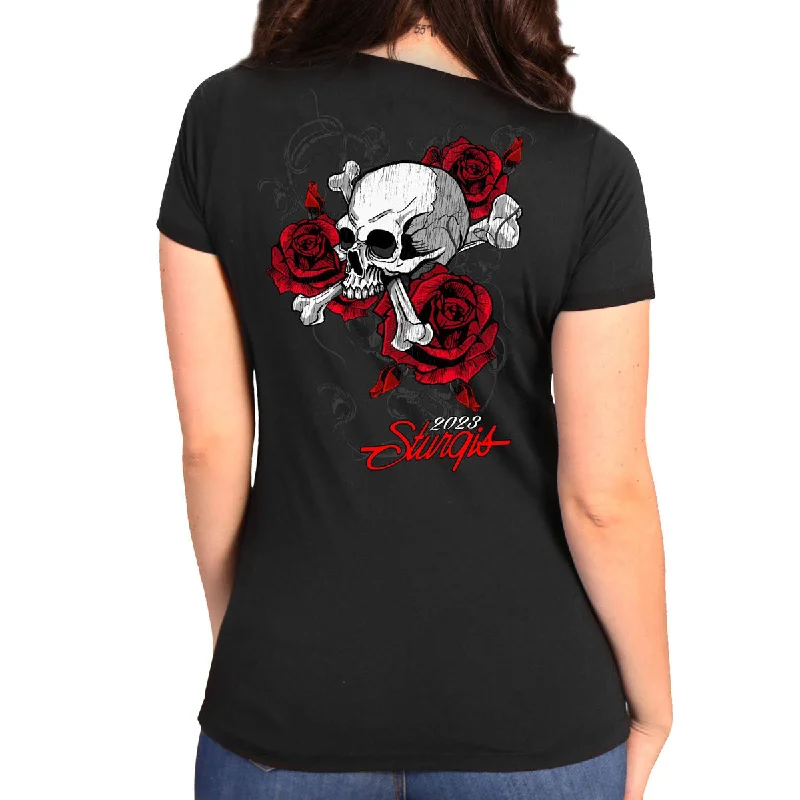 saffron gym t-shirts -Hot Leathers SPL1856 Women's Black 2023 Sturgis Rally Skull Rose T-Shirt