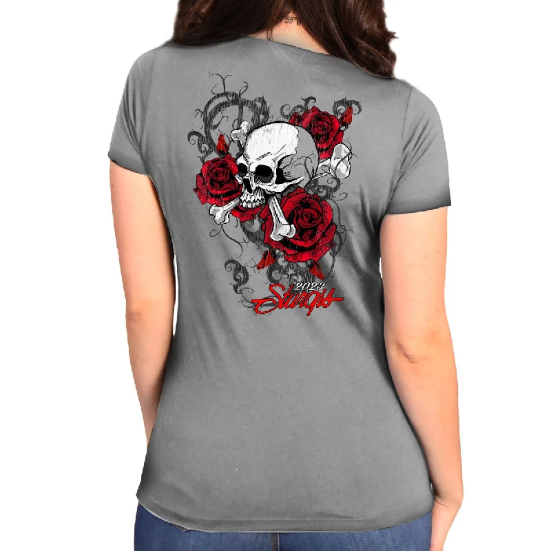 angle splash t-shirts -Hot Leathers SPL1857 Women's Silver 2023 Sturgis Rally Skull Rose T-Shirt