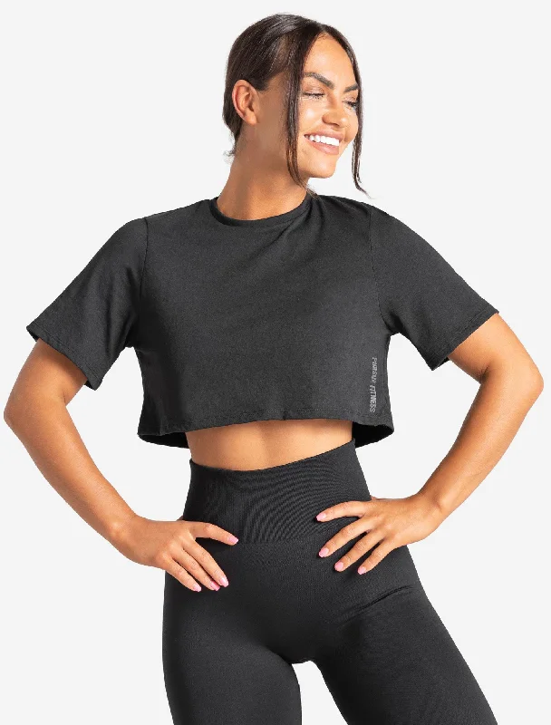 purl knit t-shirts -Knot Back Crop T-Shirt - Black