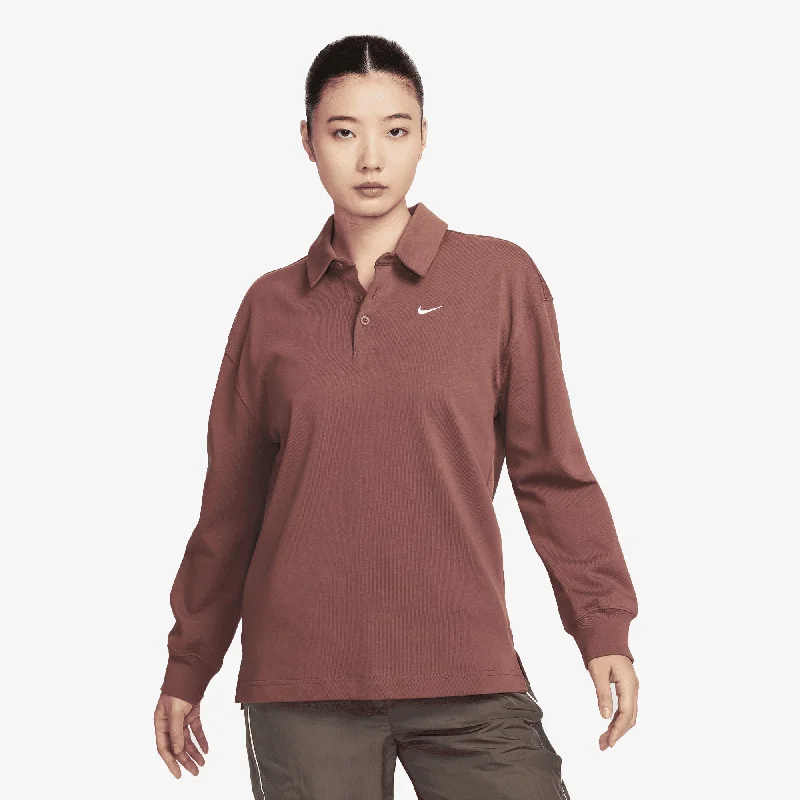 lilac stitch t-shirts -NIKE | WMN'S OVERSIZED LONG-SLEEVE POLO { RED SEPIA/SAIL