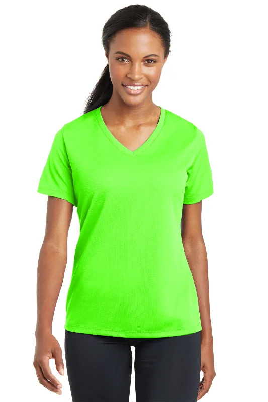 wide neck t-shirts -Sport-Tek Womens RacerMesh Moisture Wicking Short Sleeve V-Neck T-Shirt - Neon Green - Closeout