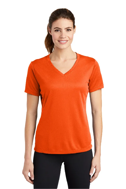 deep scoop t-shirts -Sport-Tek Womens RacerMesh Moisture Wicking Short Sleeve V-Neck T-Shirt - Neon Orange