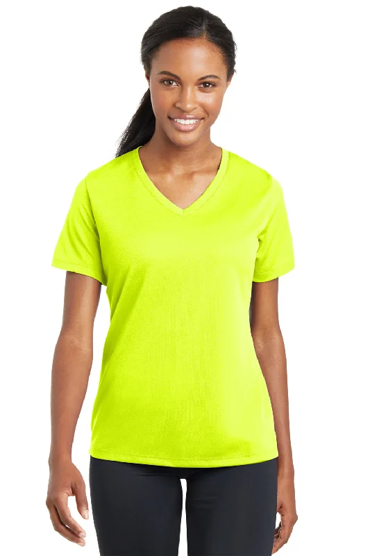 pleat sleeve t-shirts -Sport-Tek Womens RacerMesh Moisture Wicking Short Sleeve V-Neck T-Shirt - Neon Yellow - Closeout