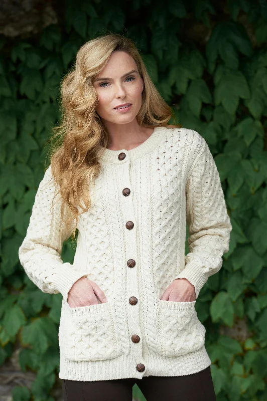 cardigan with mesh trim -Aran Wool Ladies Cardigan Super Soft