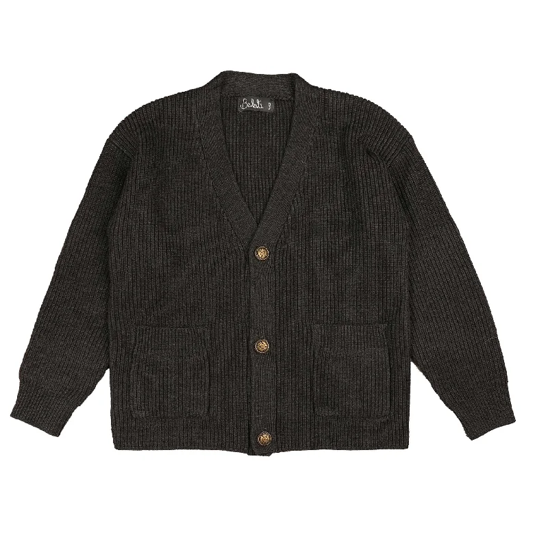 cardigan with ruched fringe -Belati Charcoal Seude Elbow Patch Cardigan ( BKN390 )