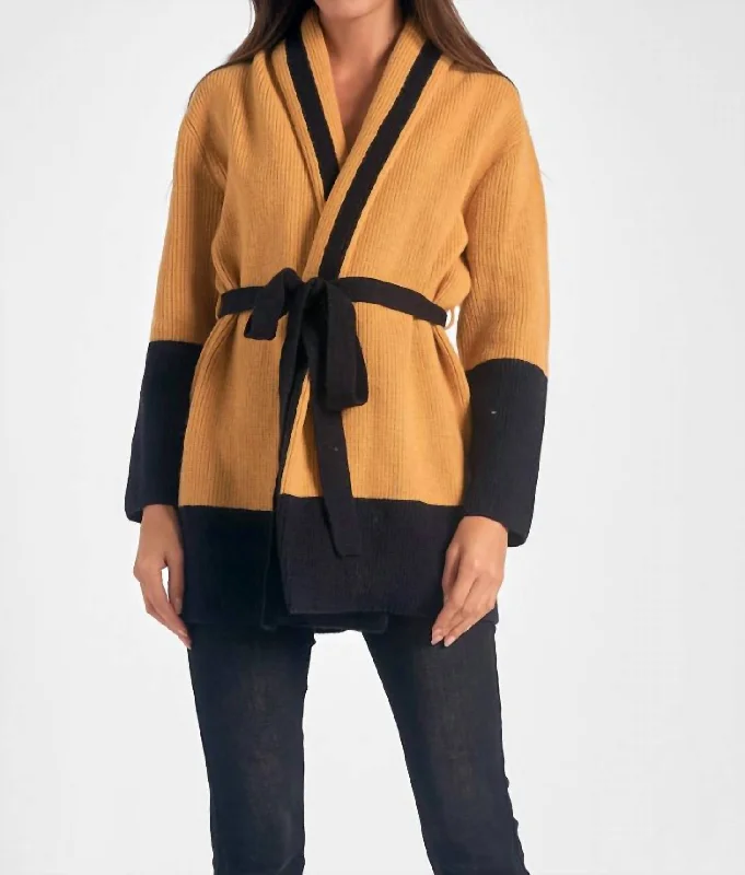 long cardigan cozy wrap -Belted Color Block Cardigan In Curry/black