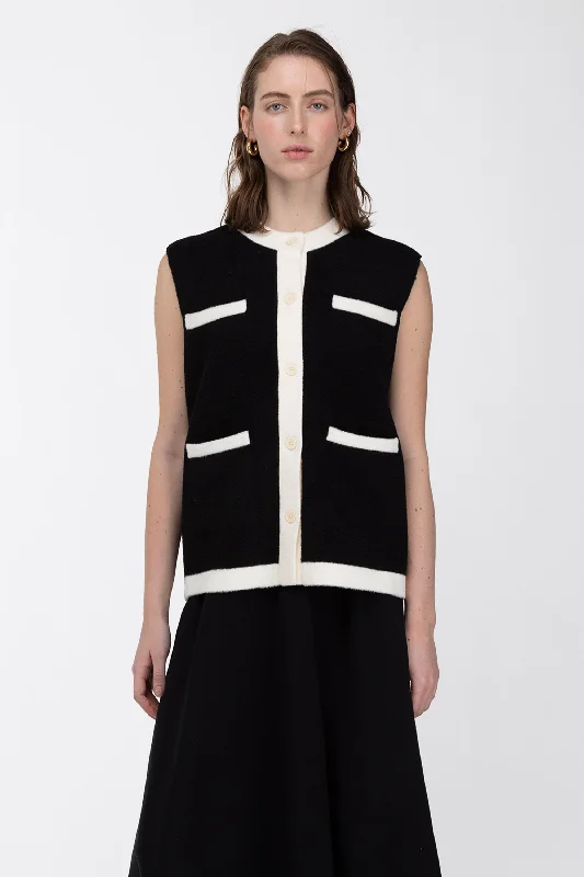 ribbed-ramie cardigan texture -CONTRAST TRIM VEST CARDIGAN