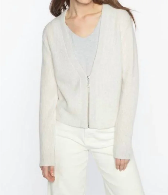 ramie-silk cardigan natural -Cashmere Crop Lurex Trim Zip Cardigan In Whisper