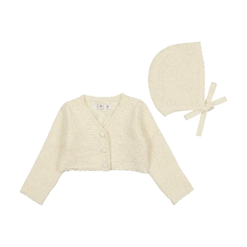 long cardigan travel chic -Coco Blanc Cream Scalloped Cardigan With Bonnet