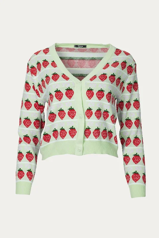 cardigan with twisted fringe -Cropped Retro Strawberry Cardigan In Green