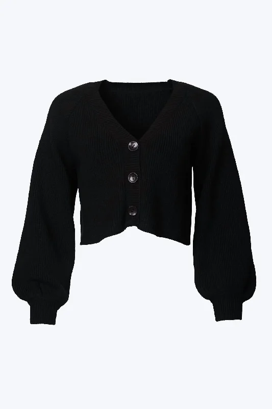 jute-wool cardigan rustic -Cropped Slouchy Ribbed-Knit Cardigan In Black