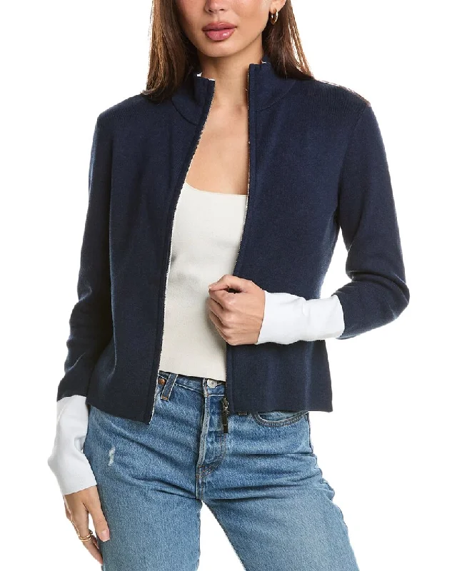 cardigan with glitter hem -Forte Cashmere Contrast Trim Zip Mock Cardigan