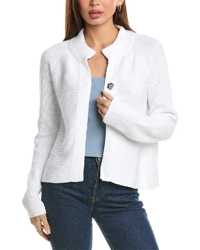 organza cardigan sheer layer -Forte Cashmere Rib Mock Cardigan