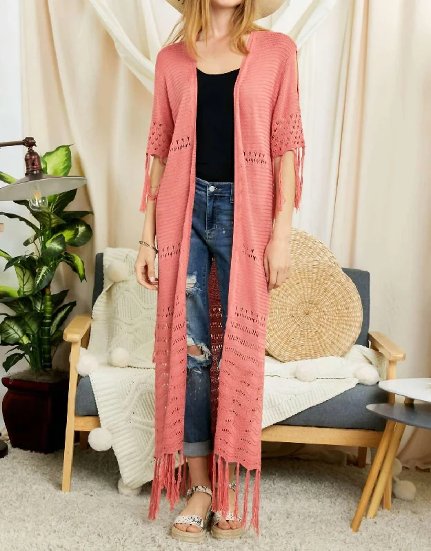 ribbed-ramie cardigan texture -Fringe Kimono/cardigan In Blush