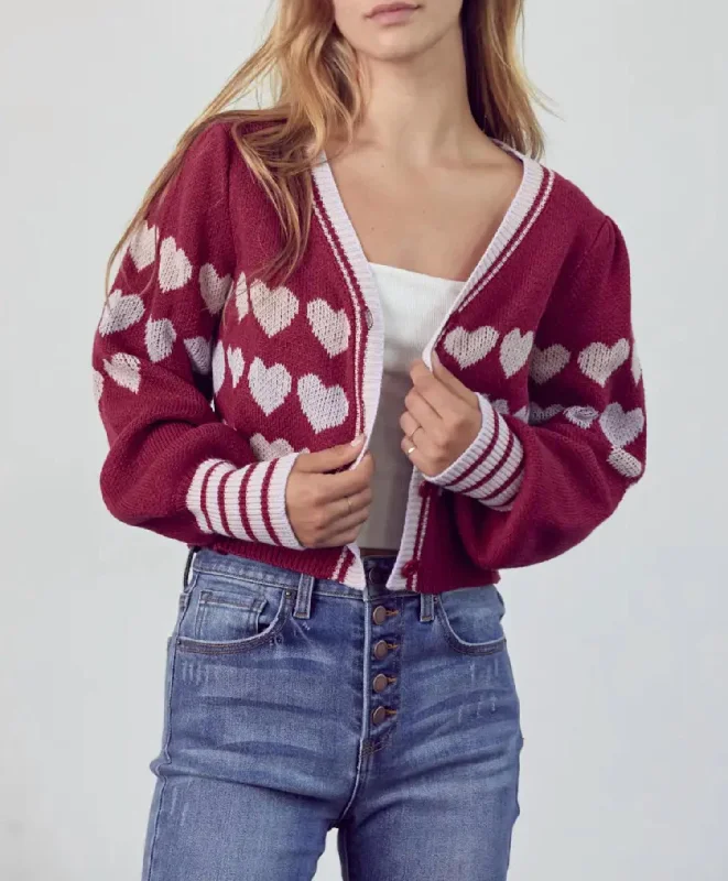 cardigan with mesh hem -Heart Button-Front Cardigan In Burgundy Lavender Combo