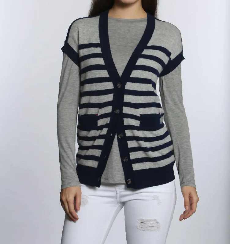 cardigan women misty blue -Luxe Striped Cardigan In Grey/navy