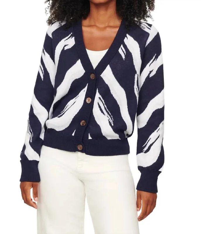 cardigan with feather trim -Mila Zebra Vee Cardigan In Midnight Multi