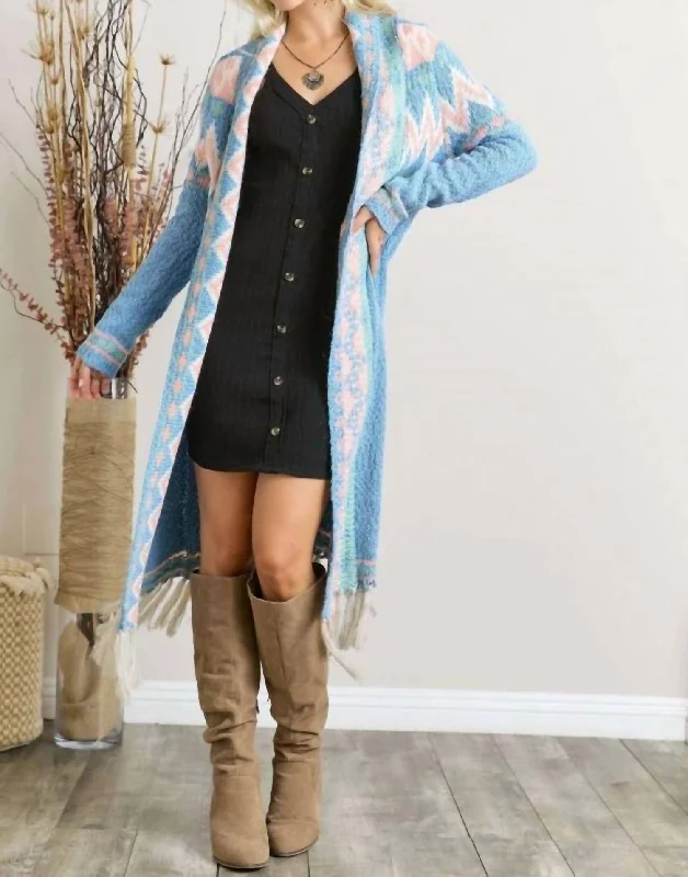 knit-jute cardigan earthy -Pastel Tassel Tribal Cardigan In Sky Blue