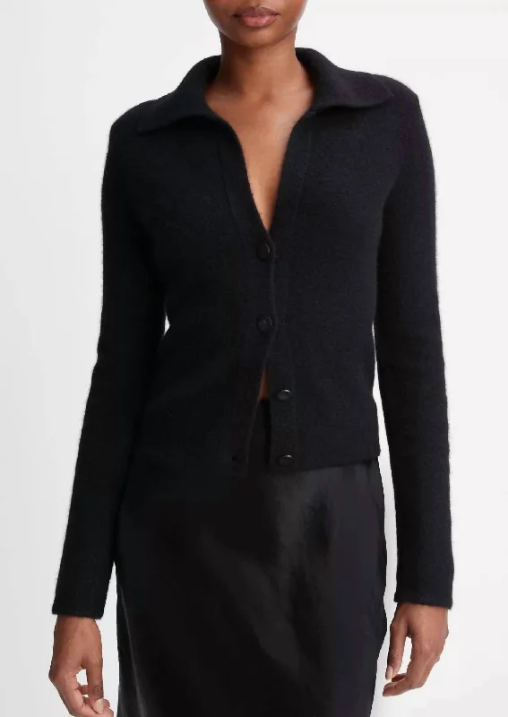 cardigan with scalloped cut -Polo Button Cardigan In Black