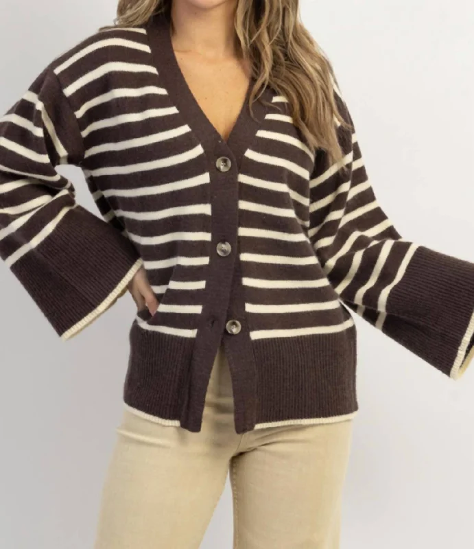 chevron-tulle cardigan dynamic -Presley Stripe Bell Cardigan In Espresso