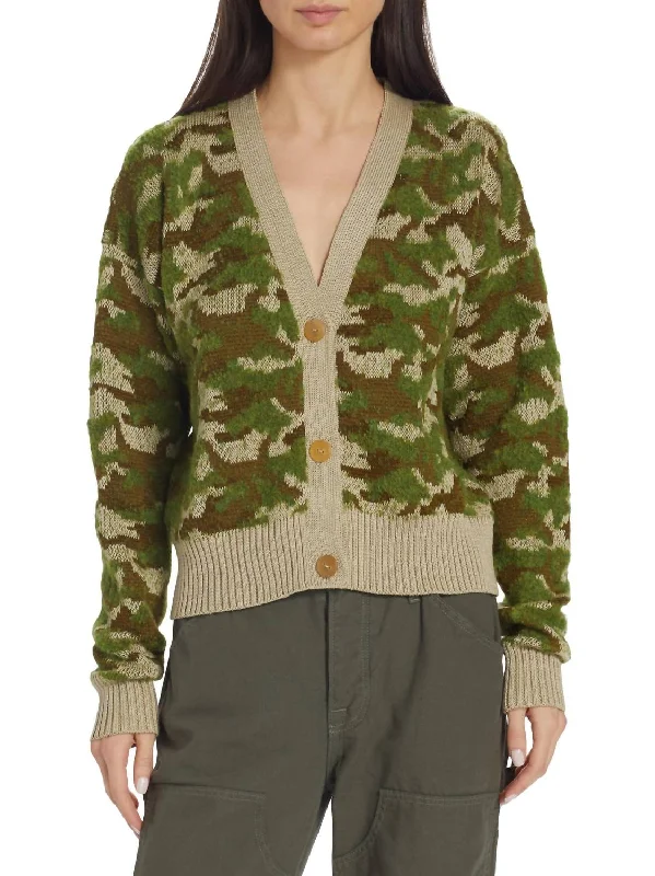 cashmere-tulle cardigan luxe -Rangu Crop Cardigan In Camo Jacquard