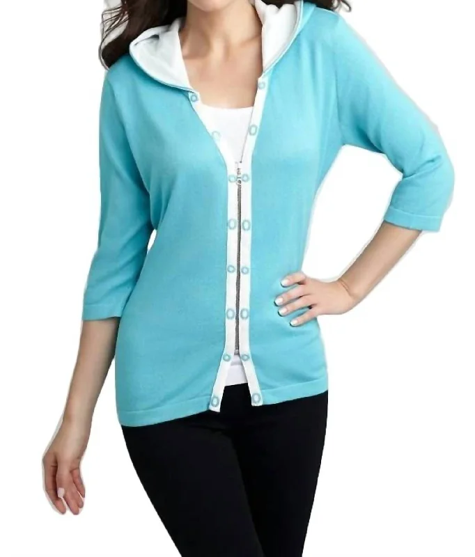 cardigan with mirrored accents -Rivet Hooded Knit Cardigan In Turquoise/white