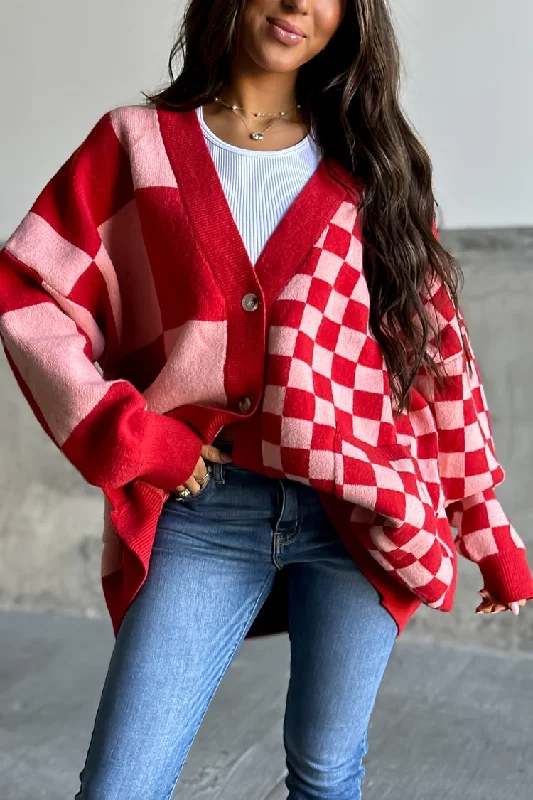 slate cardigan cool sheen -Sammie Checkered Cardigan - Red