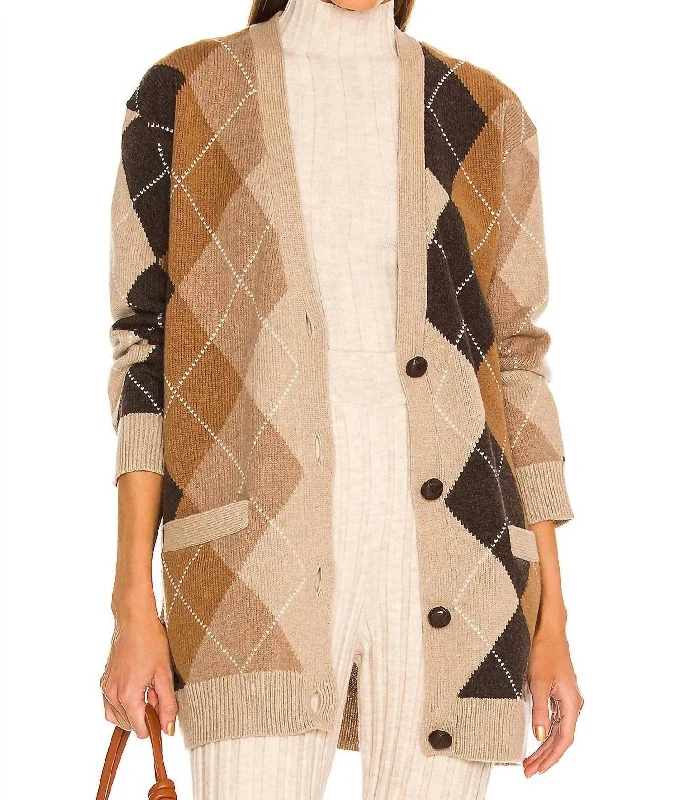 boucle-wool cardigan cozy -Sofhie Argyle Cardigan In Cognac & Nutmeg Argyle